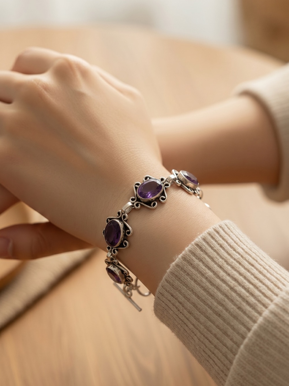 Sterling Silver Amethyst Link Bracelet - Women’s Purple Gemstone
